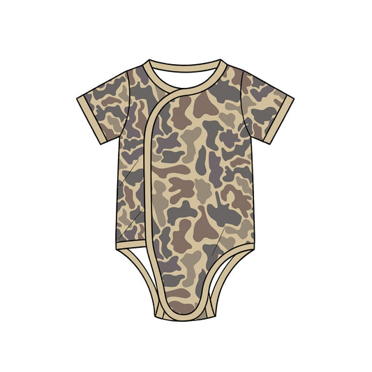 10.13 SR4356 Preorder Brown Camo Print Baby Short Sleeve Side‑Snap Wrap Romper
