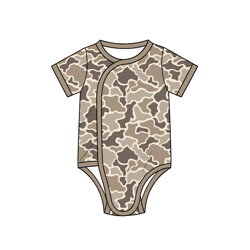 10.13 SR4357 Preorder Khaki Camo Print Baby Short Sleeve Side‑Snap Wrap Romper