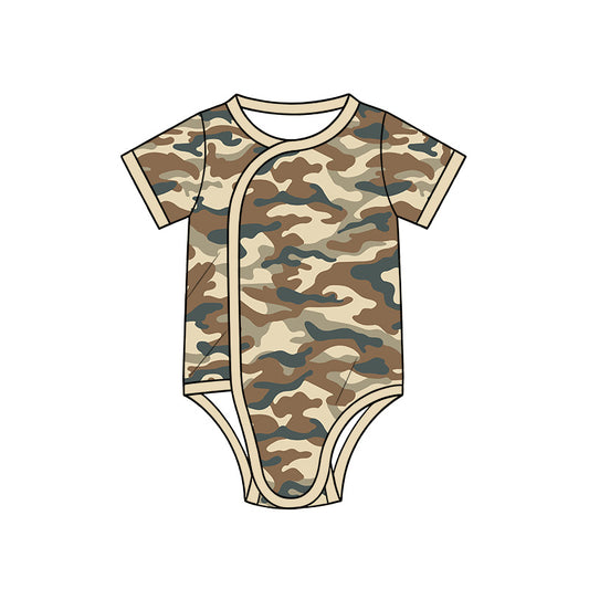 10.13 SR4358 Preorder Brown Camo Print Baby Short Sleeve Side‑Snap Wrap Romper