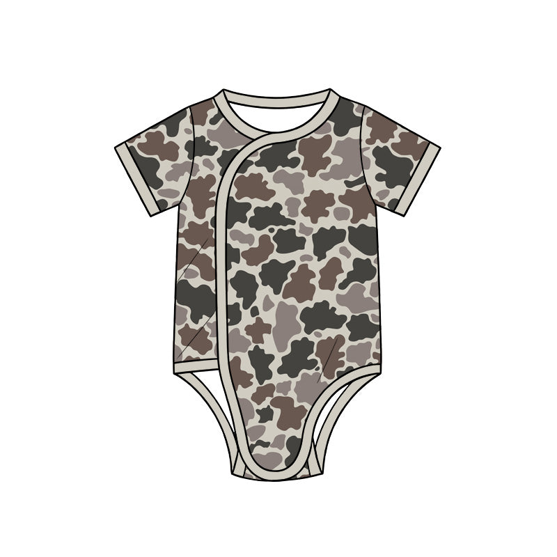 10.13 SR4359 Preorder Grey Brown Camo Print Baby Short Sleeve Side‑Snap Wrap Romper