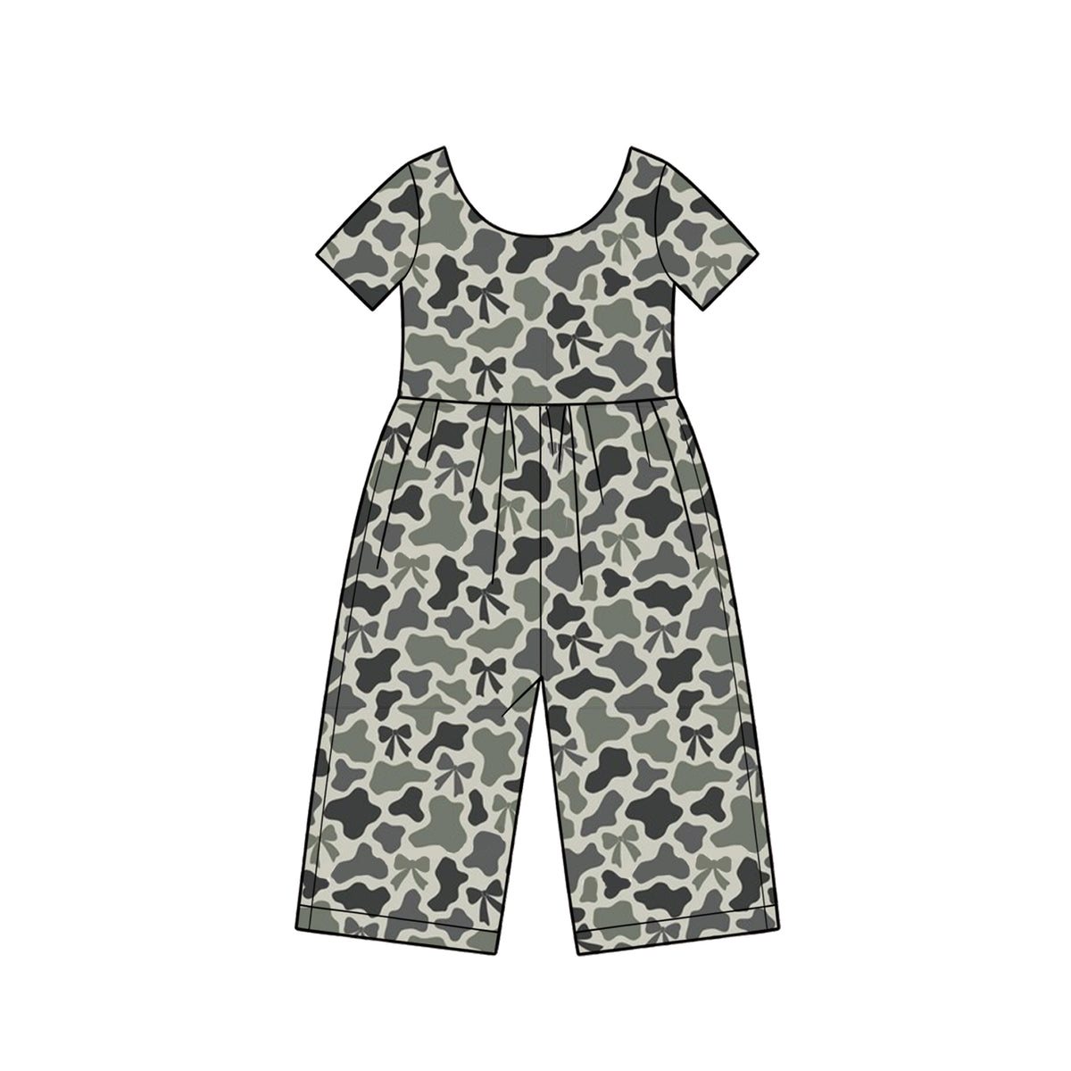10.16 SR4365 Preorder Bows Dark Green Grey Camo Print Girls Short Sleeve Straight Jumpsuits