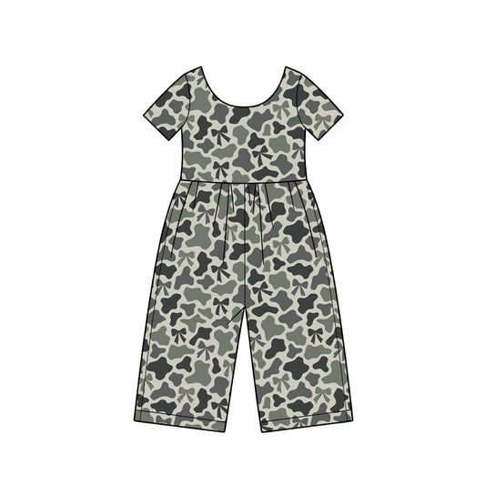 10.16 SR4365 Preorder Bows Dark Green Grey Camo Print Girls Short Sleeve Straight Jumpsuits