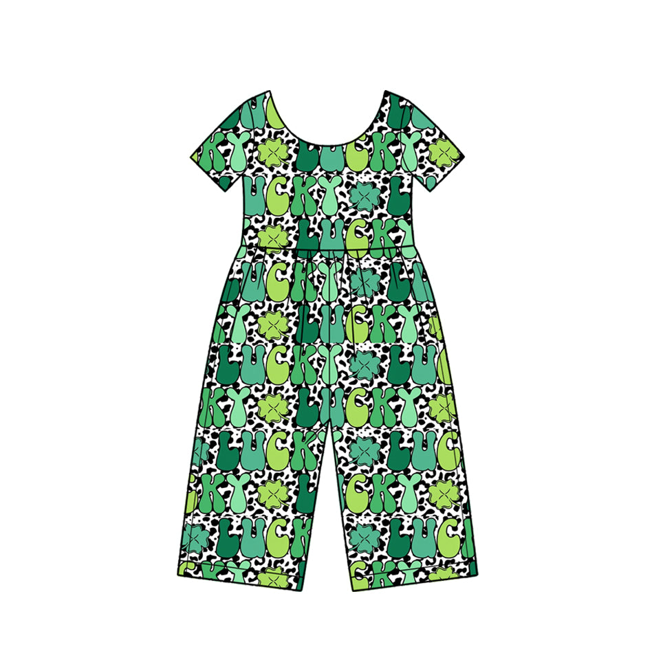 10.16 SR4366 Preorder Lucky Leaf Leopard Print Girls St Patrick Day Short Sleeve Straight Jumpsuits
