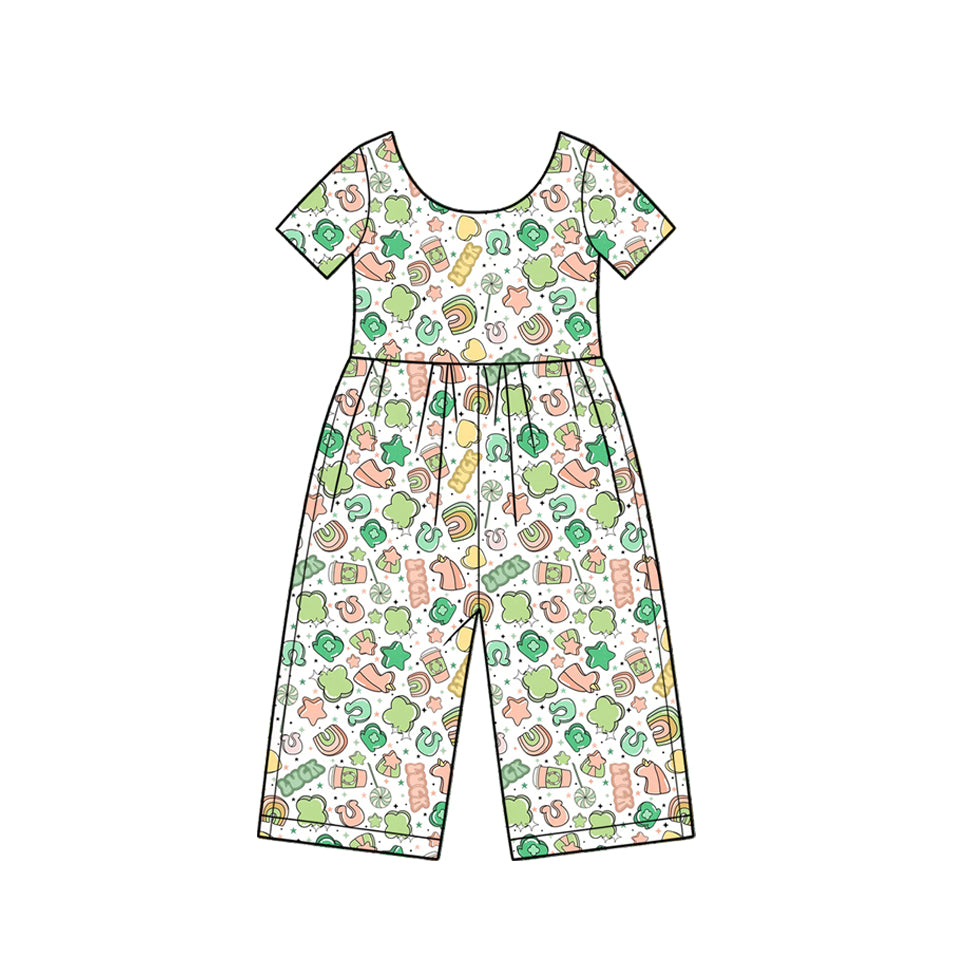 10.16 SR4367 Preorder Lucky Rainbow Stars Print Girls St Patrick Day Short Sleeve Straight Jumpsuits
