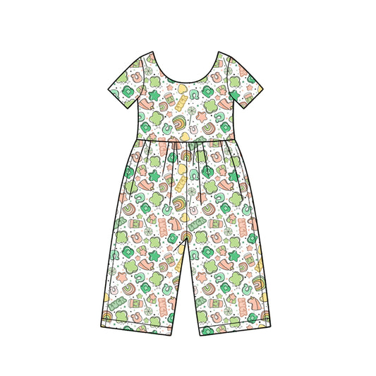 10.16 SR4367 Preorder Lucky Rainbow Stars Print Girls St Patrick Day Short Sleeve Straight Jumpsuits