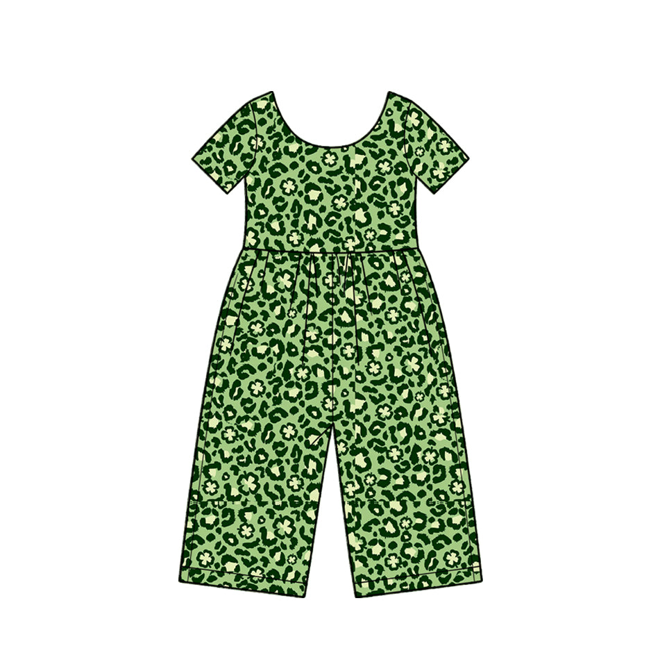 10.16 SR4368 Preorder Leaf Leopard Green Print Girls St Patrick Day Short Sleeve Straight Jumpsuits