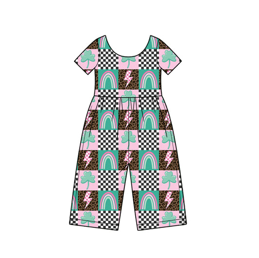 10.16 SR4369 Preorder Leaf Leopard Rainbow Checkered Print Girls St Patrick Day Short Sleeve Straight Jumpsuits
