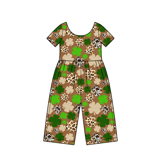 10.16 SR4370 Preorder Leaf Leopard Print Girls St Patrick Day Short Sleeve Straight Jumpsuits
