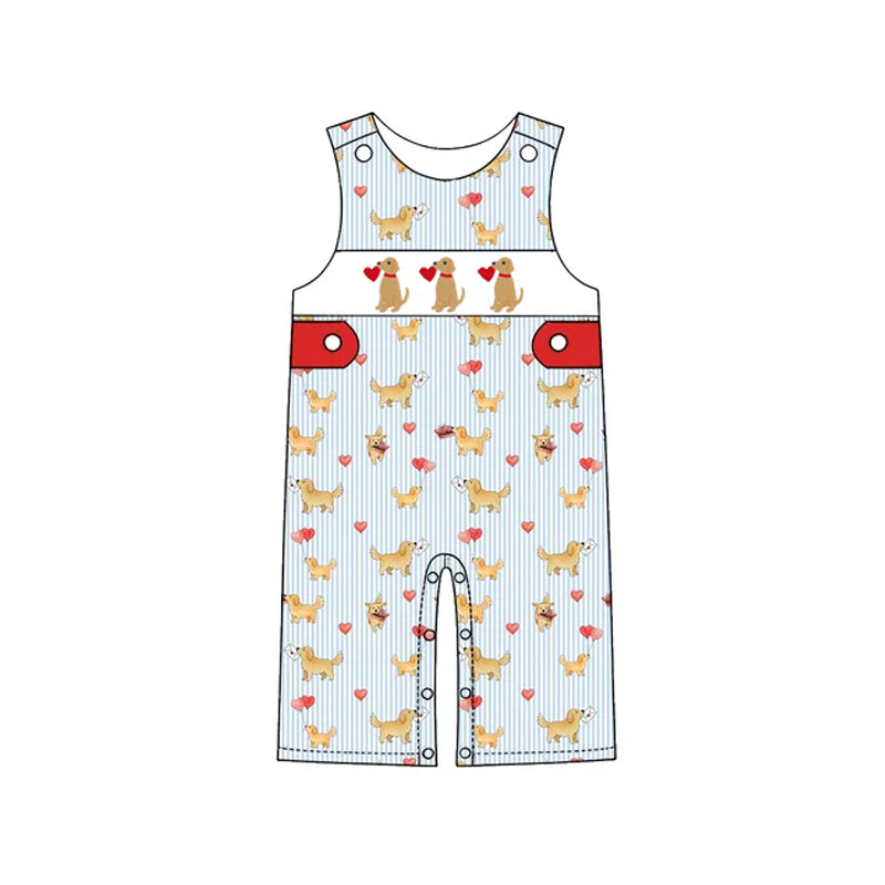 10.30 SR4374 Preorder Puppy Hearts Stripes Print Baby Boys Valentine's Day Sleeveless Romper
