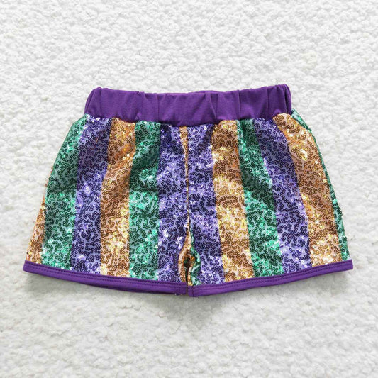 SS0116 Gold Green Purple Stripes Baby Girls Sequins Mardi Gras Shorts