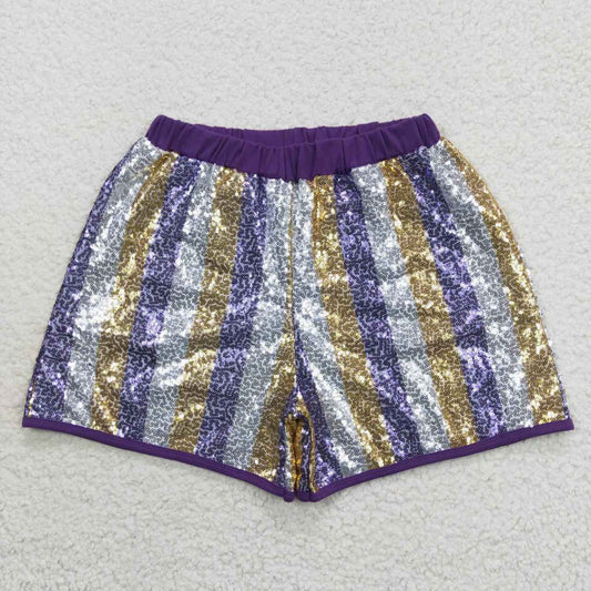 SS0118 Gold Purple Stripes Woman Sequins Mardi Gras Shorts