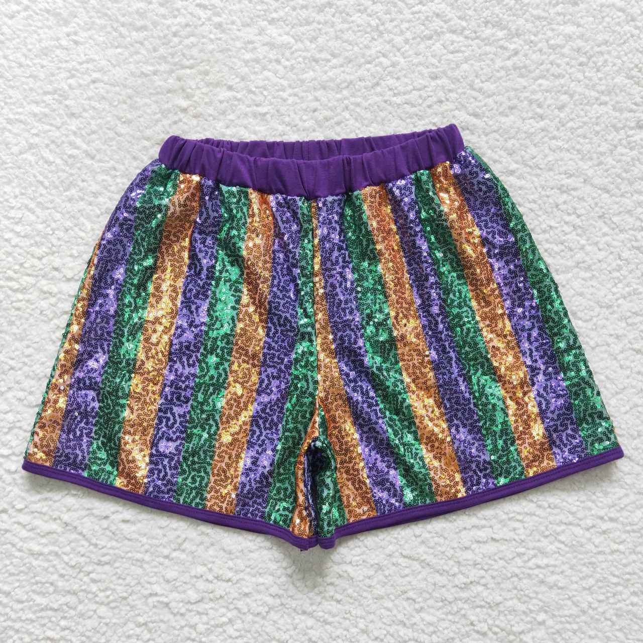SS0119 Gold Green Purple Stripes Woman Sequins Mardi Gras Shorts