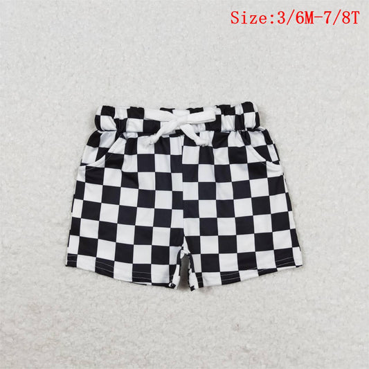 SS0273 Black Plaid Print Pockets Boys Bottom Shorts