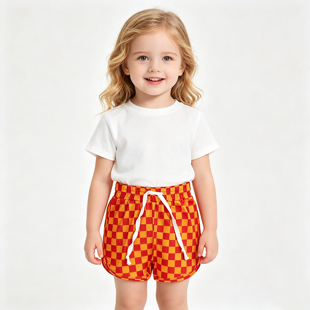 SS0297 Girls Orange Red Checked Bottom Shorts With Drawstring
