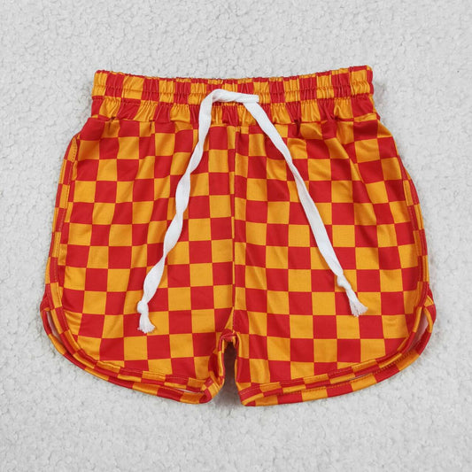 SS0297 Girls Orange Red Checked Bottom Shorts With Drawstring