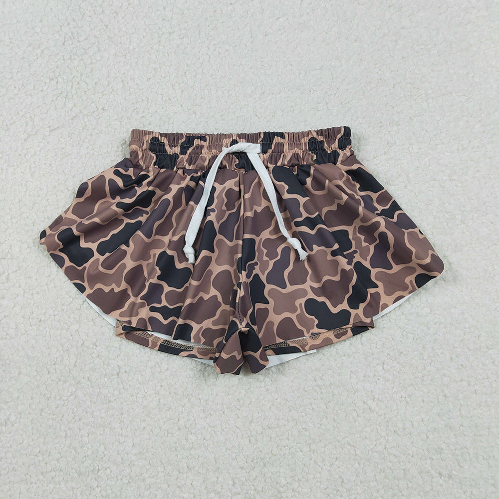 SS0772 Brown Camo Print Girls Bottom Summer Yoga Flutter Shorts