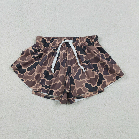 SS0772 Brown Camo Print Girls Bottom Summer Yoga Flutter Shorts