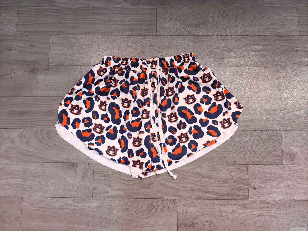 SS0809 Preorder Adult Teams Auburn Leopard Print Woman Bottom Flutter Yoga Shorts