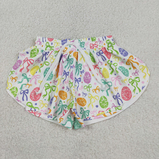 SS0822 Colorful Bows Eggs Print Girls Bottom Easter Yoga Flutter Shorts
