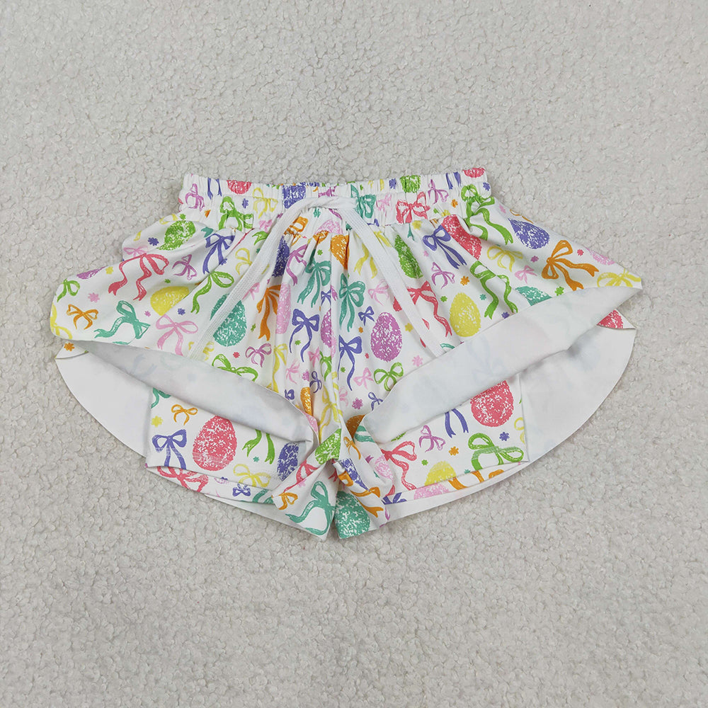 SS0822 Colorful Bows Eggs Print Girls Bottom Easter Yoga Flutter Shorts