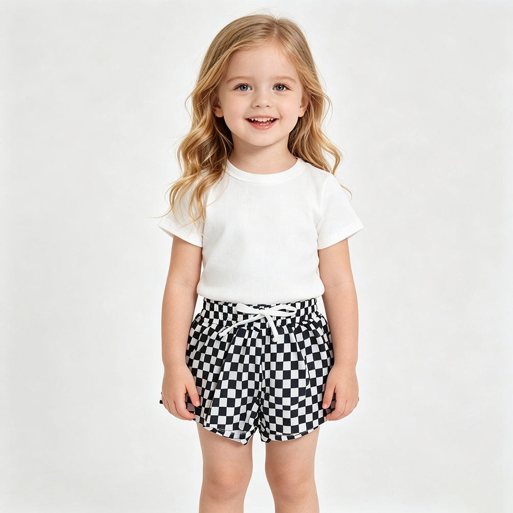 SS0865 Black Plaid Print Girls Summer Bottom Yoga Flutter Shorts