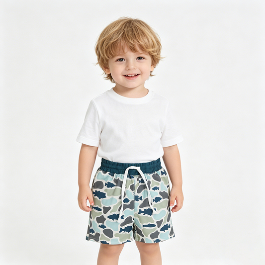 SS0893 Fish Green Blue Camo Print Boys Bottom Shorts