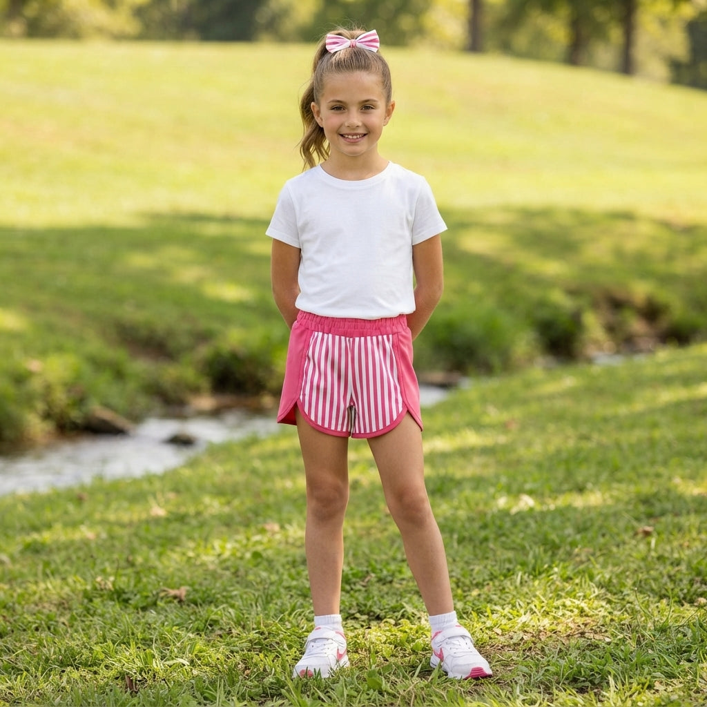 SS0949 Hot Pink Stripes Print Girls Bottom Yoga Shorts