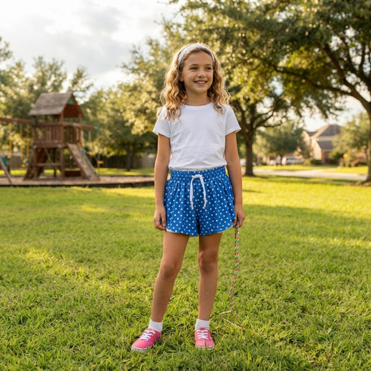 SS0966 Blue Dots Print Girls Bottom Yoga Flutter Shorts