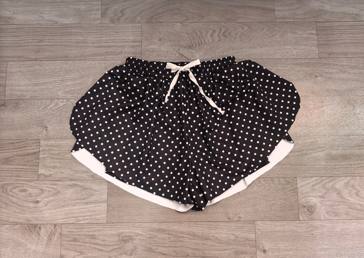 7.24 SS0975 Preorder Black Dots Print Woman Bottom Yoga Flutter Shorts