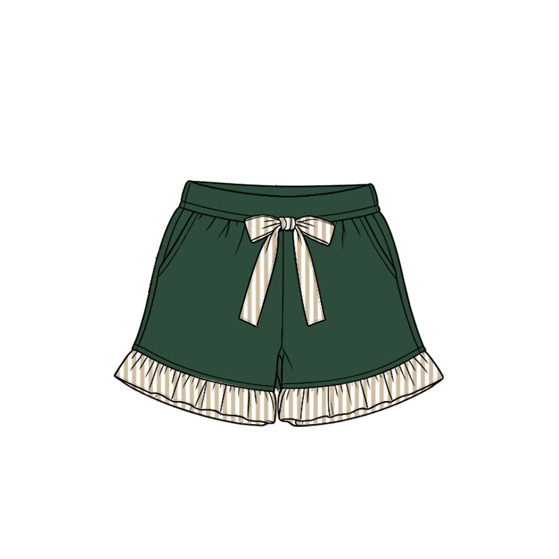 8.15 Preorder Kids Girls Green Girls Shorts with Khaki Stripe Ruffle