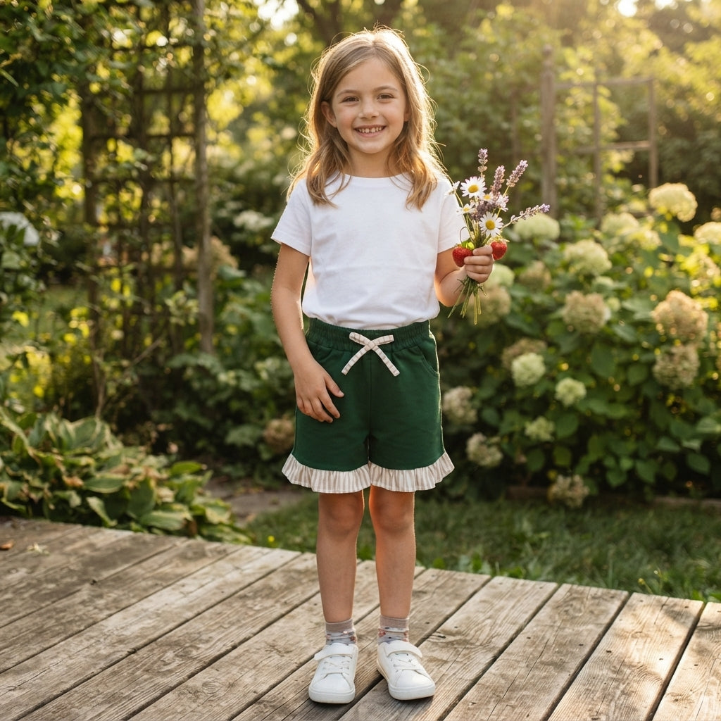 SS0998 Girls Green Girls Elastic Waist Pockets Shorts with Khaki Stripe Ruffle