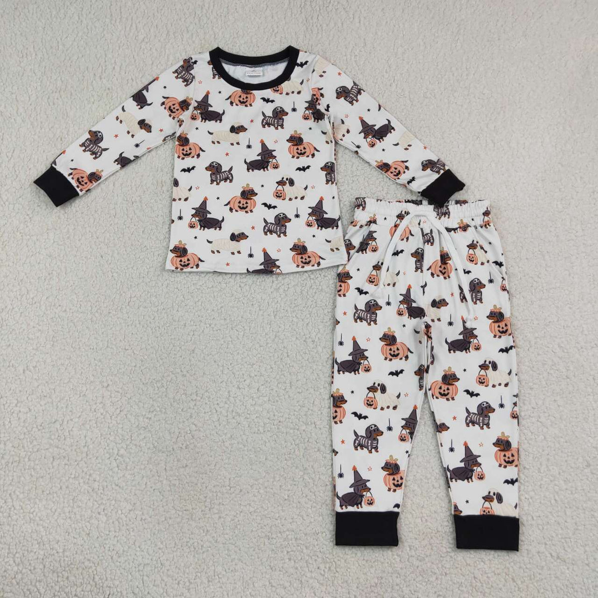 BLP1548 Dachshund Dog Pumpkin Kids Boys Halloween Long Sleeve Pajamas Clothes Set