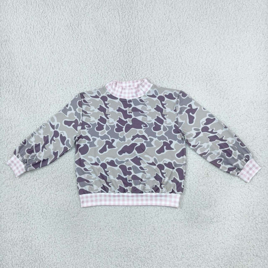 GT1873 Dark Brown Camo Pink Gingham Print Girls Mock Neck Sweatshirt Top