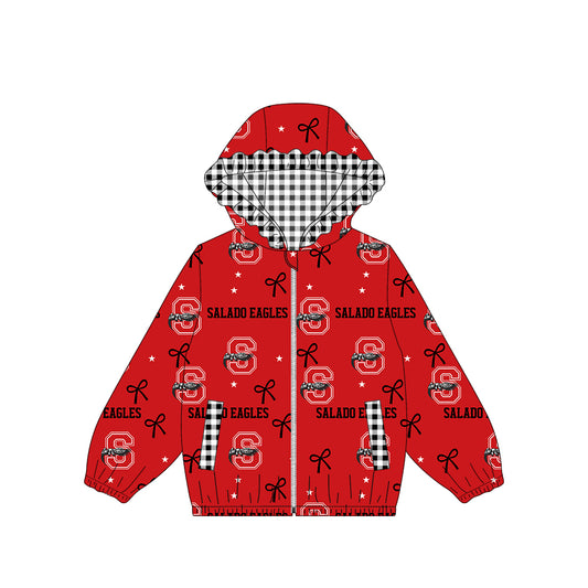 (Custom Design Preorder MOQ 5) Teams Salado Eagles Bows Stars Print Girls Pockets Zipper Ruffle Hoodie Yoga Jacket Top