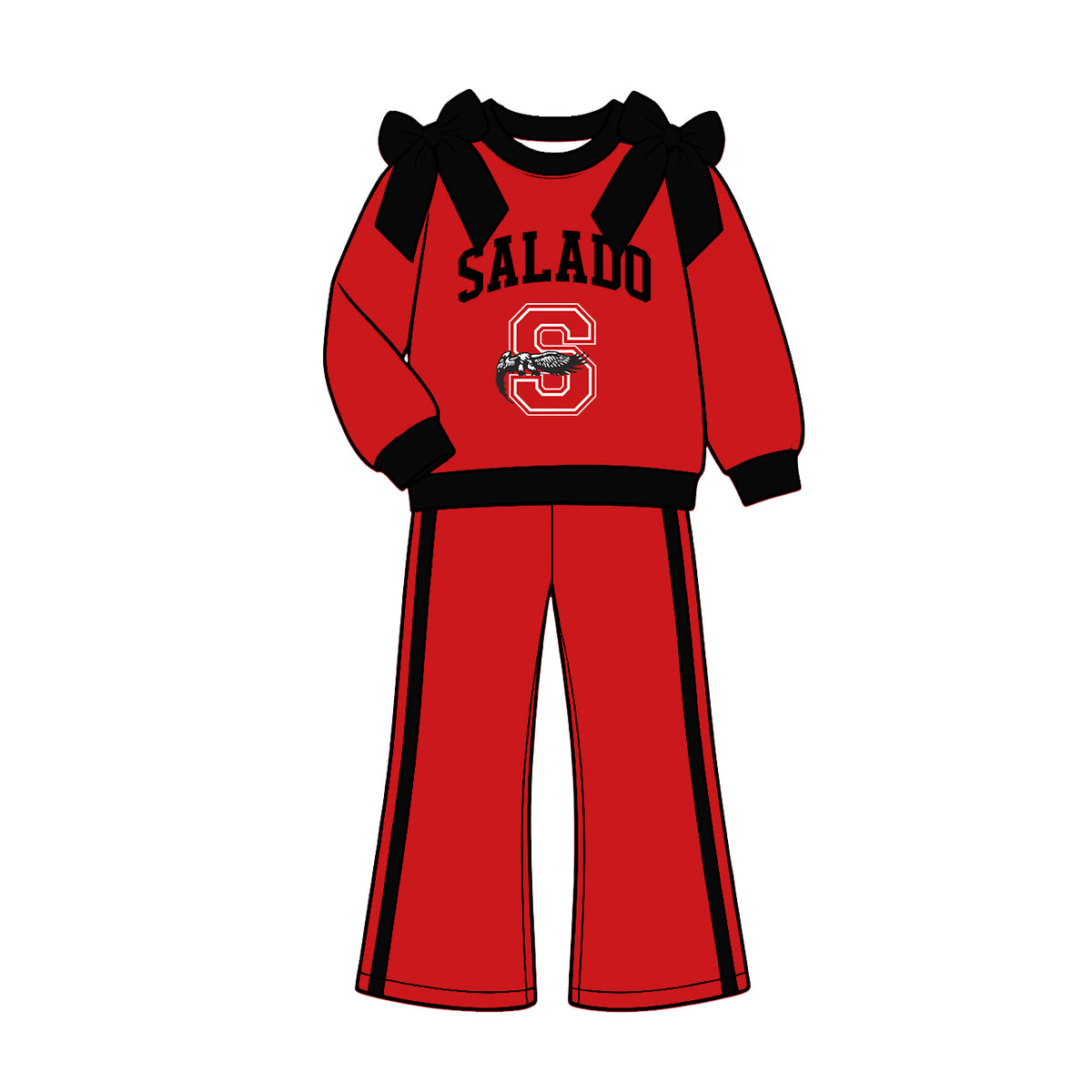 (Custom Design Preorder MOQ 5) Teams Salado Eagles Black Bows Top Red Pockets Pants Girls Clothes Set