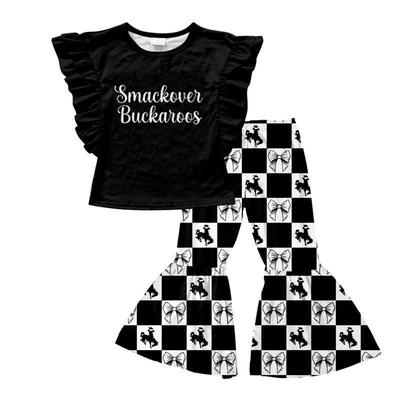 (Custom Design Preorder MOQ 5) Teams Smackover Buckaroos Black Top Plaid Bows Bell Pants Girls Clothes Set