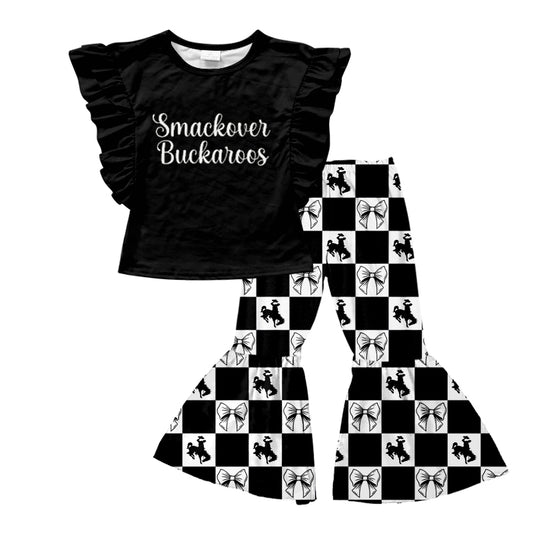 (Custom Design Preorder MOQ 5) Teams Smackover Buckaroos Black Top Plaid Bows Bell Pants Girls Clothes Set