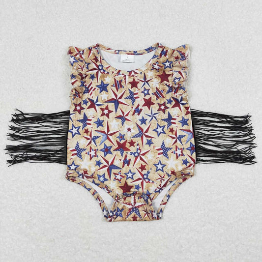 SR0920 Stars Baby Girls 4th of July Flutter Sleeve Tassels Romper