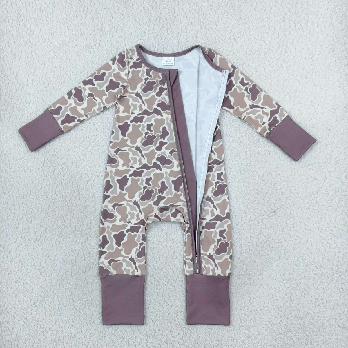 LR2948 Baby Boys Brown Camo Long Sleeve Zipper Romper