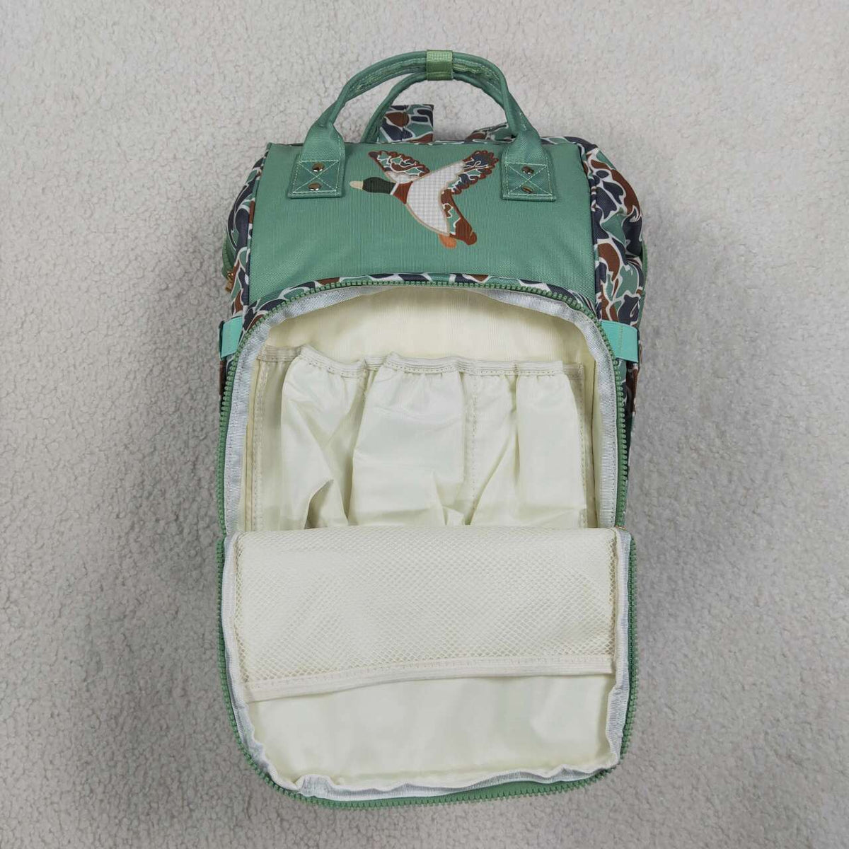 BA0404 Duck Embroidery  Green Camo Hunting Print Adult Baby Diaper Bags