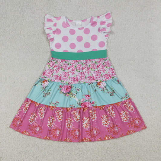 (Promotion) Toddler GIrls Vintage Floral Pink Polka Dot Flutter Sleeve Dress