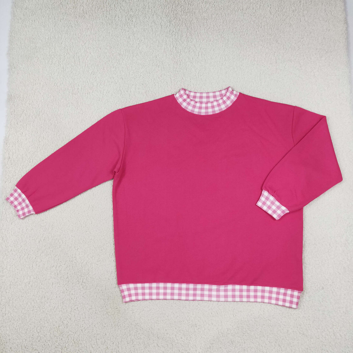 GT1796 Hot Pink Gingham Trim Neck Cuff Hem Woman Long Sleeve Sweatshirt Top