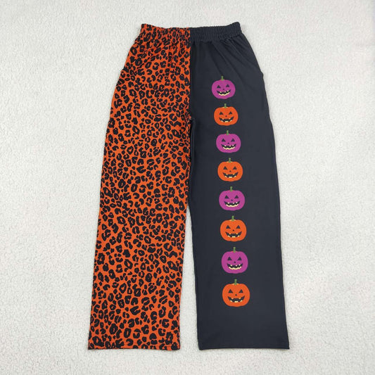P1132 Adult Leopard & Pumpkin Print Woman Halloween Wide Leg Straight Split Pants