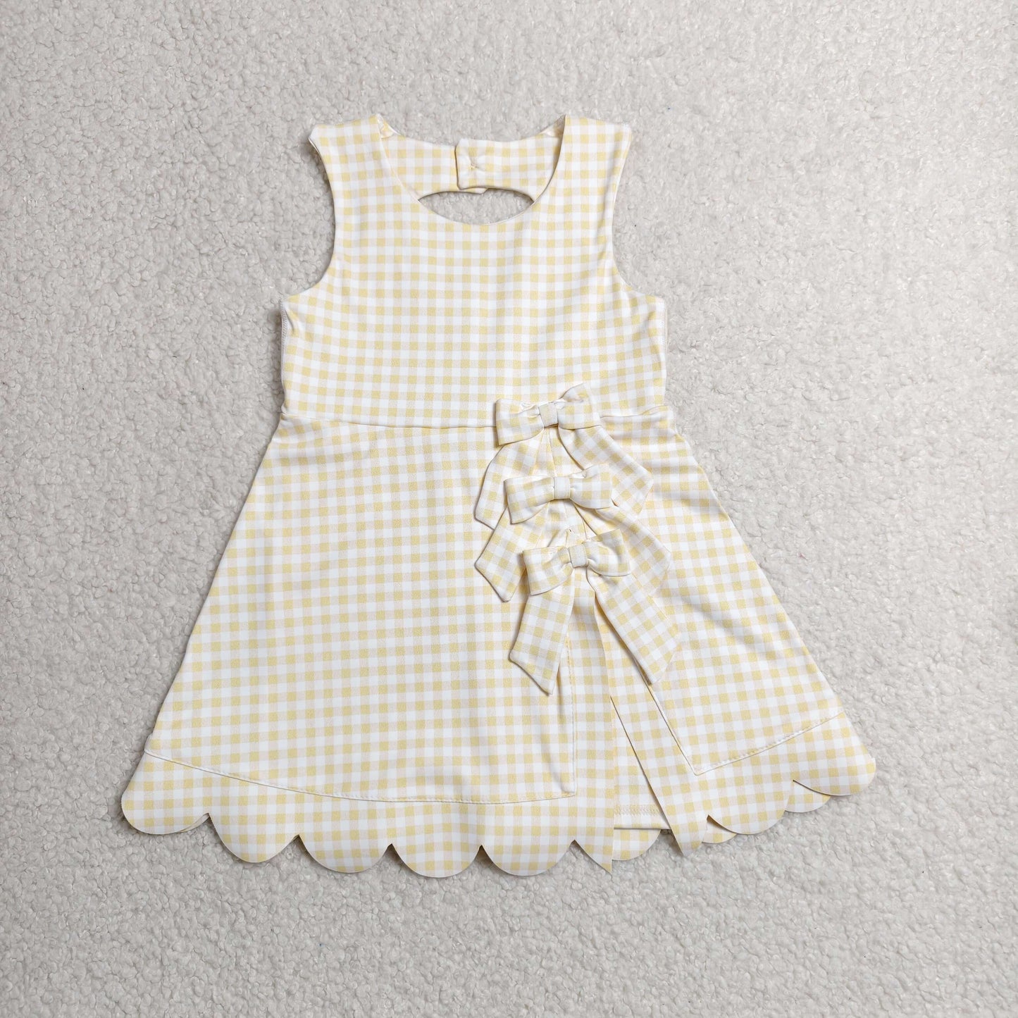 GSD3027 Yellow Gingham Girls Summer Bows Scallop Knee Length Yoga Dress