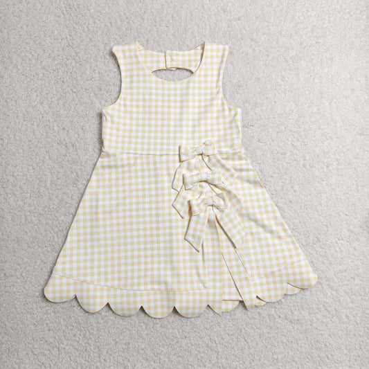 GSD3027 Yellow Gingham Girls Summer Bows Scallop Knee Length Yoga Dress