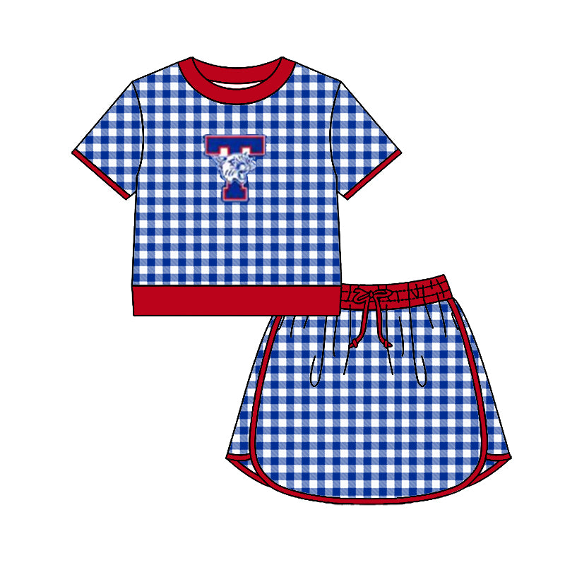 (Custom Design Preorder MOQ 5) Teams Temple Wildcats Top Blue Checkerd Skort Girls Summer Yoga Clothes Set