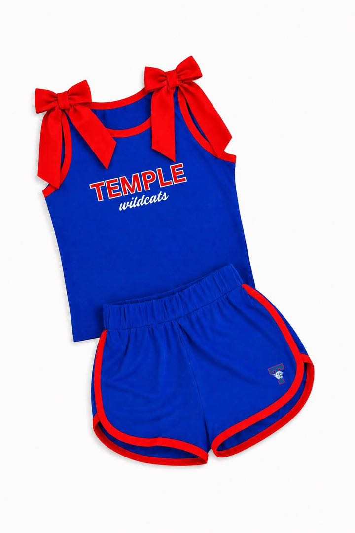 (Custom Design Preorder MOQ 5) Teams Temple Wildcats Red Bows Vest Top Shorts Mommy and Me Summer Yoga Clothes Set