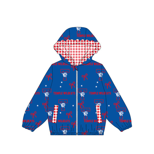 (Custom Design Preorder MOQ 5) Teams Temple Wildcats Bows Stars Print Girls Pockets Zipper Ruffle Hoodie Yoga Jacket Top
