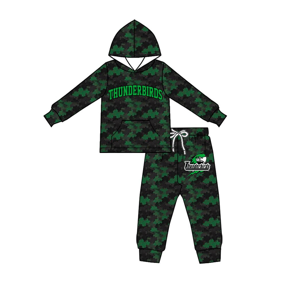 (Custom Design Preorder MOQ 5) Teams Thunderbirds Green Camo Hoodie Top Pockets Pants Kids Clothes Set