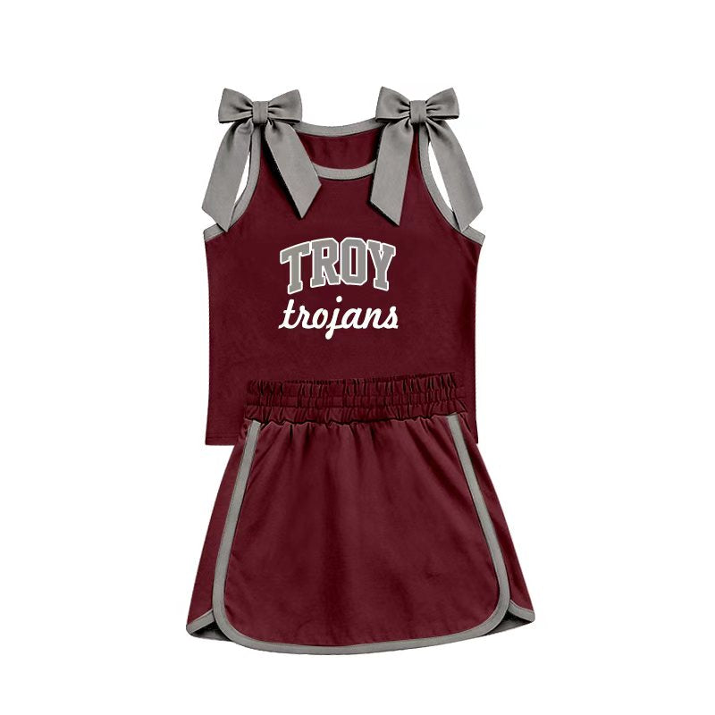 (Custom Design Preorder MOQ 5) Teams Troy Trojans Bows Top Wine Skort Girls Summer Clothes Set